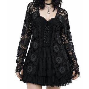 Vintage Black Crochet Knit Open Front Cardigan Duster Cottage Lace Whimsygoth M